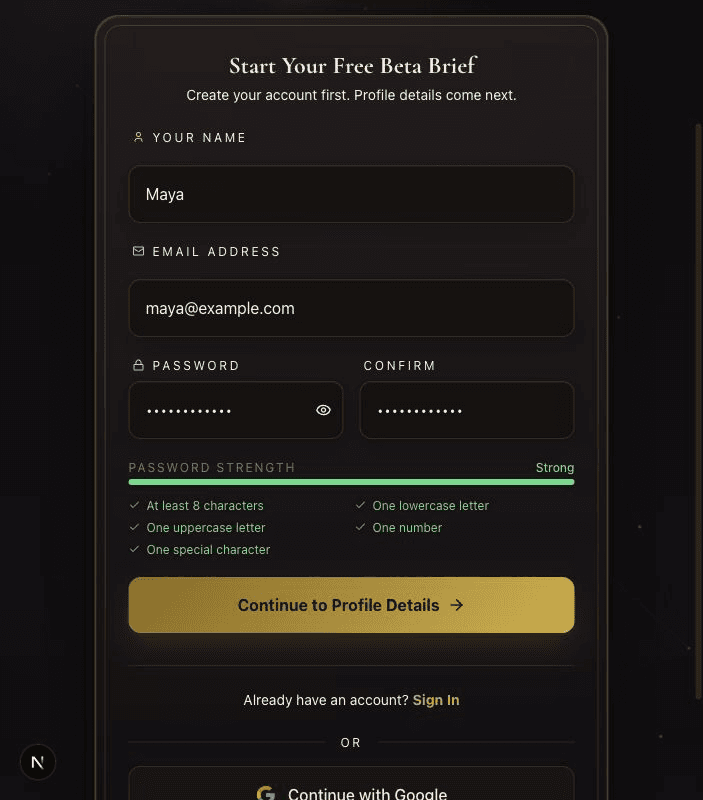 YourAura signup step showing account creation for the free beta brief