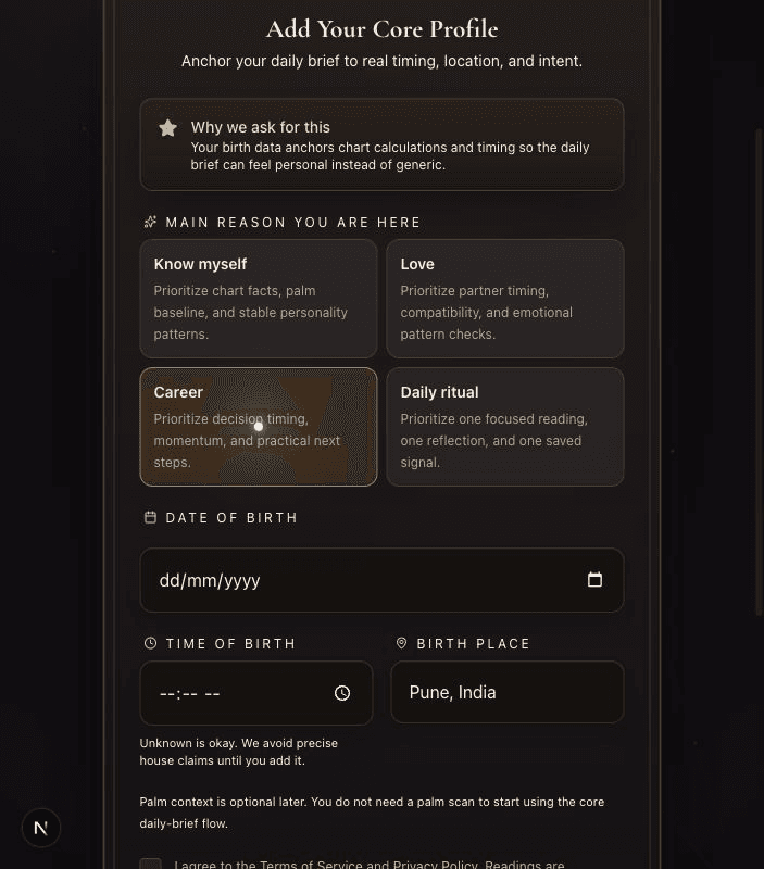 YourAura signup step showing core profile fields for birth data and intent